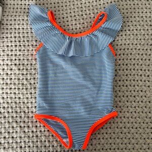 Mini Boden Striped Ruffle One Piece in Blue and Orange